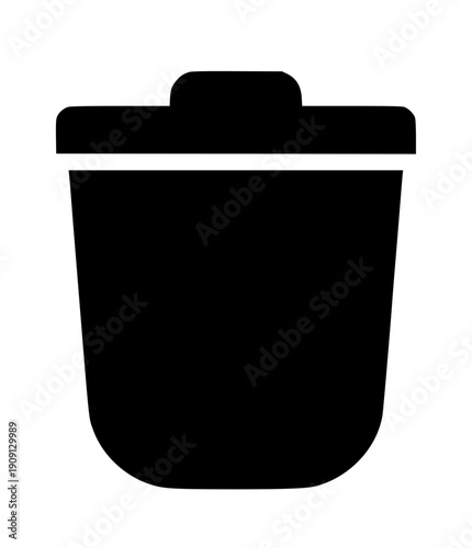 Black silhouette icon of a simple garbage can with a lid, symbolizing waste disposal, deletion, or recycling for digital interfaces and essential clean-up actions