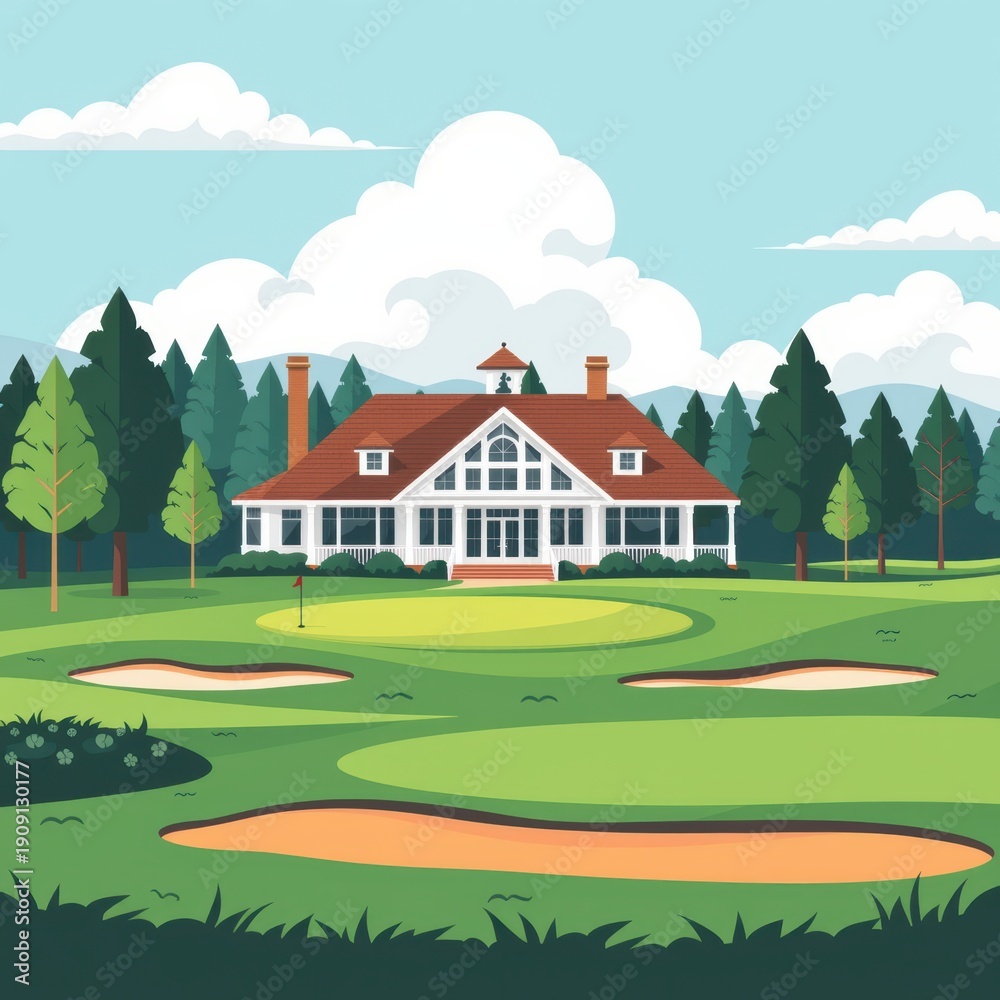 Naklejka premium Illustration of a countryside golf clubhouse surrounded by trees, sand traps and a lush green course.
