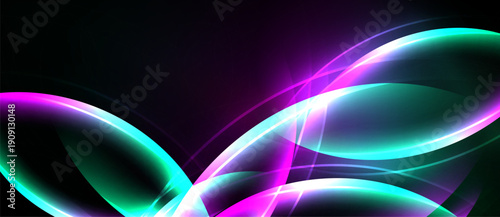 Abstract flowing lines, vibrant purple, teal hues. Dynamic light creates futuristic feel. Smooth gradients, dark background.