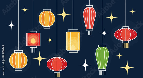 Festive Imlek and Chinese New Year celebration with hanging lanterns and sparkling stars on dark blue background, vibrant colors for traditional holiday