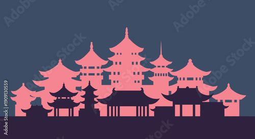 A mesmerizing silhouette illustration of intricate Asian pagodas and temples, capturing the spirit of celebration and cultural richness, perfect for your Imlek and Chinese New Year themed projects