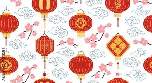 Festive seamless pattern for Imlek and Chinese New Year, featuring traditional red lanterns, blooming cherry blossoms, and auspicious clouds. A vibrant cultural celebration design