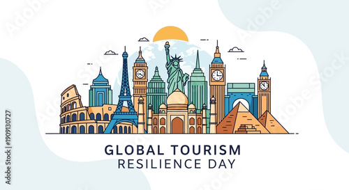 Vector illustration of iconic landmarks celebrating Global Tourism Resilience Day with a theme of sustainability and recovery