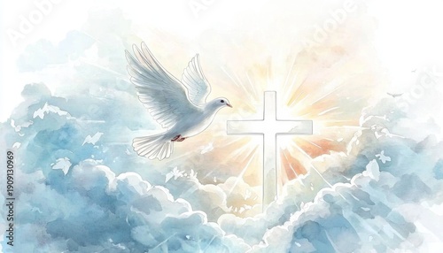 A serene watercolor illustration depicting Whit Monday themes. 