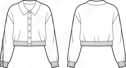 Cropped cardigan sweater, women’s fashion design, Peter Pan collar, button down style, ribbed hem, puff sleeve detail, garment sketch illustration