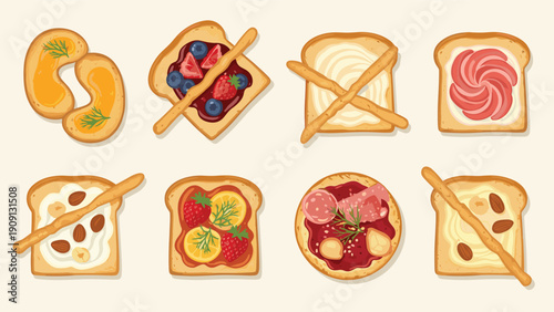 Selection of eight assorted toasts with a variety of delicious toppings including fruit nuts spreads and savory ingredients.