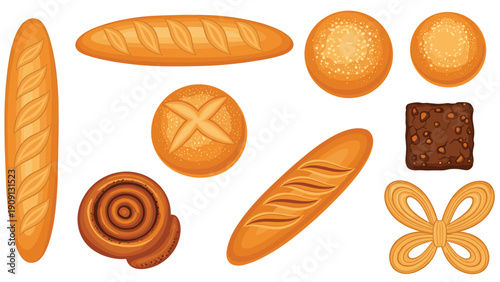 Collection of assorted bakery items featuring baguettes bread rolls a cinnamon swirl and a chocolate brownie.