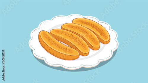 Four golden fried banana or plantain slices neatly arranged on a decorative white lace edged plate over a blue background.
