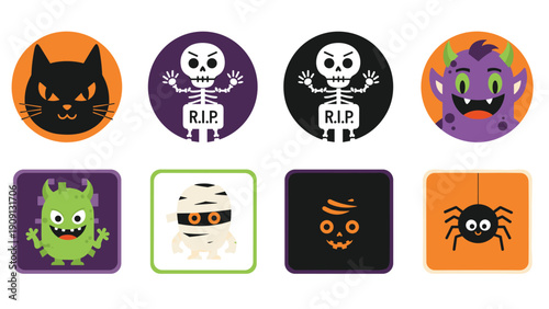 Set of fun Halloween character icons featuring a black cat, skeleton, monster, mummy, spider, and pumpkin on colorful circular backgrounds.