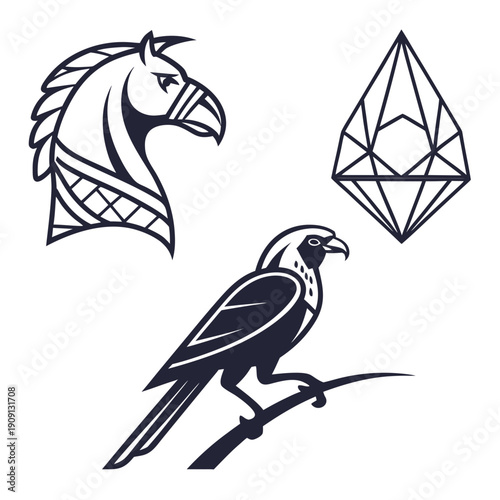 A bird a horse head and a diamond on a white background