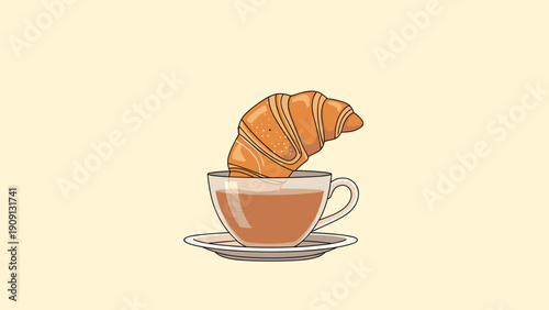Delicious golden brown croissant being dipped into a clear glass cup of hot coffee with a saucer on a soft yellow background.