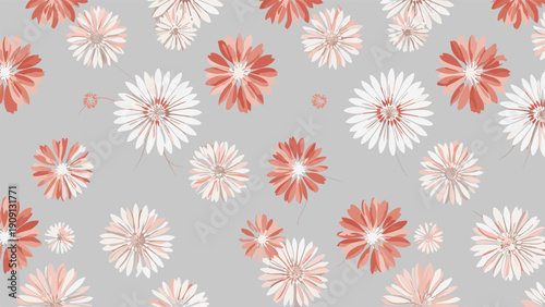 Seamless pattern featuring delicate pink and white daisy flowers scattered across a soft grey background for a fresh floral aesthetic.