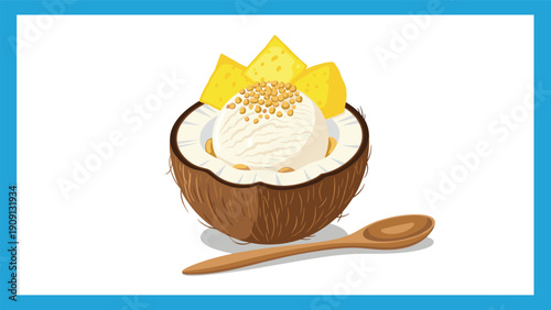 Refreshing scoop of coconut ice cream served in a real coconut shell garnished with fresh mango slices and nuts.