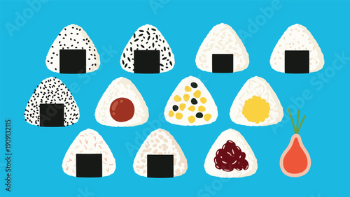 Assortment of traditional Japanese onigiri rice balls featuring various fillings and toppings arranged on a bright blue background.
