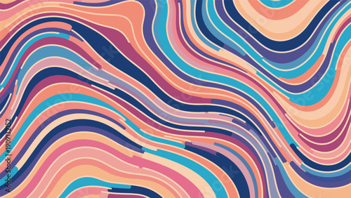 Vibrant abstract background features flowing wavy lines in shades of orange, pink, and blue creating a dynamic and modern texture.