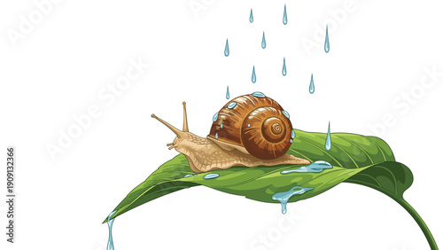 Large brown snail slowly crawls across a vibrant green leaf as raindrops fall under a clean white background setting.