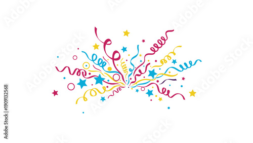 Colorful explosion of festive confetti and curly streamers bursts from the center against a minimalist white background.