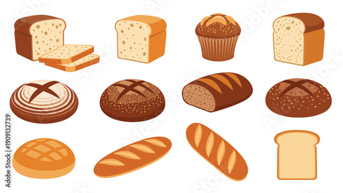 Wide variety of freshly baked bread includes whole loaves, sliced bread, a muffin, and several long french baguettes.