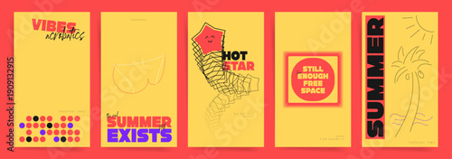 Summer Vibes Abstract Poster Collection with Playful Shapes and Fun Illustrations. Modern Trendy Design for Banner, Cover, Festival, Social Media. Vector