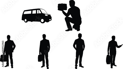 Business travel silhouettes, professionals commuting, briefcase icons, van transport, office lifestyle, corporate teamwork, vector illustration, design bundle, stock art, workplace icons