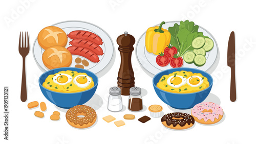 Rich breakfast table includes scrambled eggs, grilled sausages, fresh salad, rolls, donuts, and seasonings for a full meal.