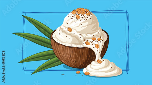 Delicious coconut bowl filled with smooth white cream or yogurt topped with crunchy nuts and seeds accompanied by lush green leaves.