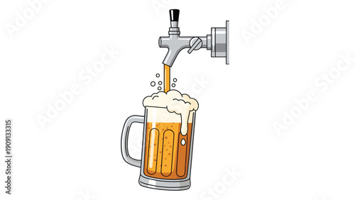Single glass beer mug being filled to the top with golden lager from a metal tap resulting in thick white foam and bubbles.