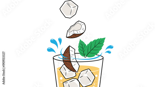 Refreshing orange beverage in a glass with ice cubes mint leaves and falling pieces of fresh coconut for a tropical feel.