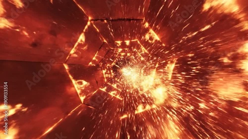 Abstract fiery hexagonal tunnel with glowing sparks and intense heat