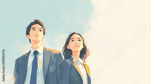スーツを着て青空を見上げる女性と男性のイラスト（生成AI）	