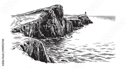 Scenic coastal landscape featuring a lighthouse on a high jagged cliff overlooking the sea vintage engraving style.