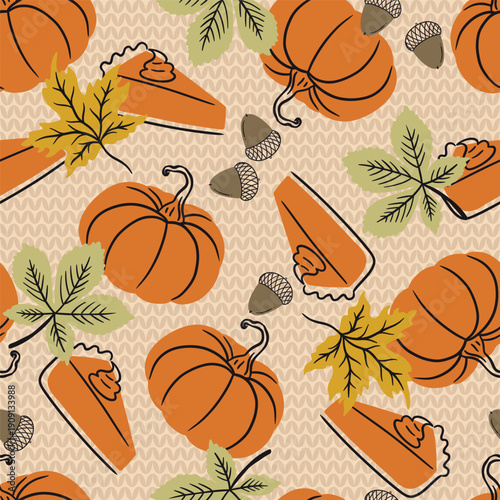 Autumn Pumpkin Pie and Leaves Vector Seamless Pattern