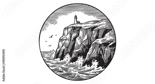 Circular landscape emblem of a lighthouse on a steep cliff with crashing waves vintage woodcut engraving style.