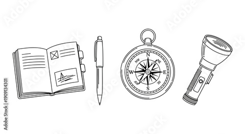 Adventure Gear: Open Book, Pen, Compass, and Flashlight - Travel Essentials