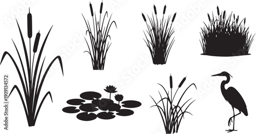 Wetland Flora and Fauna Silhouettes: Cattails, Water Lilies, and Heron Isolated on white background