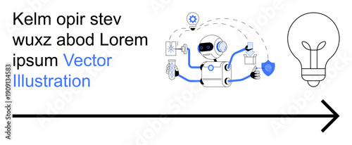 Artificial intelligence, automation, innovation, machine learning, technology, data analysis. A robot holding tools with icons of ideas, data and security. Artificial intelligence and automation