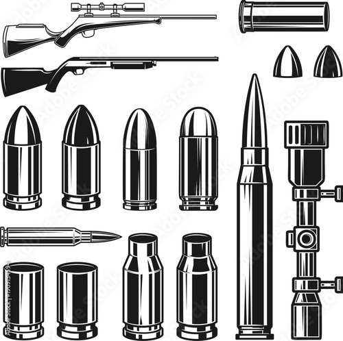 A black and white vector collection featuring scoped rifles, shotguns, and various bullet types, casings, and optical sights. A high-contrast technical weapon set.