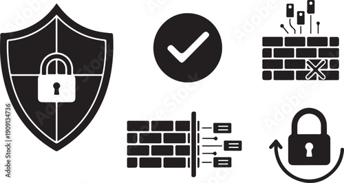 Cyber Security Icons: Shield, Firewall, Lock, Checkmark, Isolated on white background