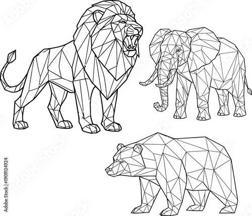 Collection of wild animal illustrations including a lion elephant and bear in geometric style
