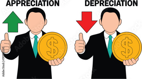 Currency appreciation and depreciation concept illustration with businessman holding dollar coin and arrows showing increase and decrease in financial value