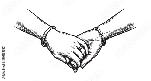 two people holding hands with wedding rings in a romantic vintage hand-drawn engraving style.