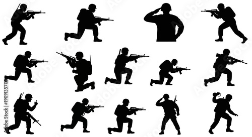 Soldier silhouettes set, military action poses