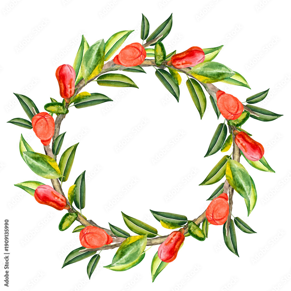 Fototapeta premium Watercolor frame with pomegranate and blooming pomegranate flowers. Pomegranate leaves and flowers. Hand-drawn watercolor illustration of a realistic, juicy, pomegranate-red fruit