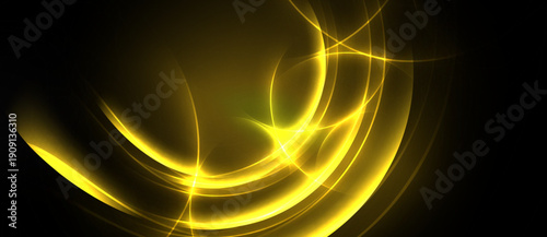 Golden swirls, dynamic lines create abstract energy. Dark background emphasizes bright illumination, flowing shapes.