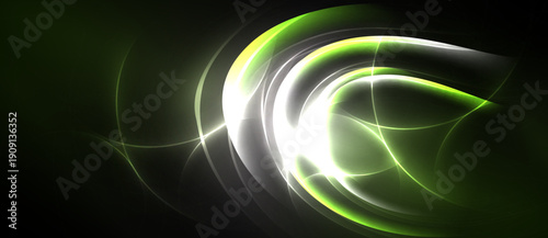 Abstract swirls, luminous lines, vibrant green hues dominate dark background. Dynamic composition evokes energy, movement.