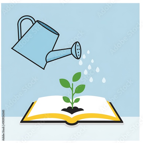 A watering can pouring water on a green plant growing out of an open book on a table  symbolizing learning and growth