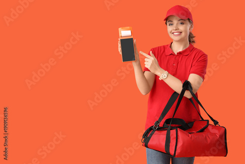 Female courier with food ba...