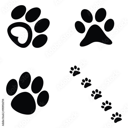 Cute Dog Paw Print Icons and Pet Footstep Trail Silhouette Set