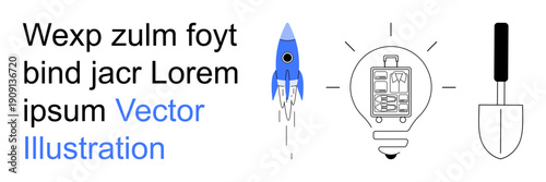 Technology innovation, energy solutions, startup ideas, gardening tools, creative concepts, science communication. A rocket, circuit lightbulb and trowel design. Technology innovation and energy