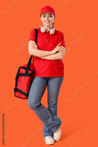 Female courier with food ba...